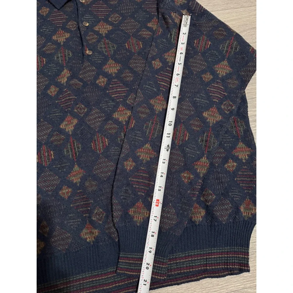 Vintage 80s The Italian Sweater Men L Wool Blend Navy Diamond Knit Polo Sweater